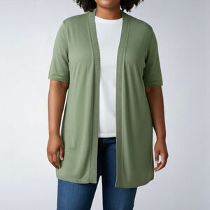 EILEEN FISHER Sweater 1X Green Cotton Silk Short Sleeve Open Cardigan